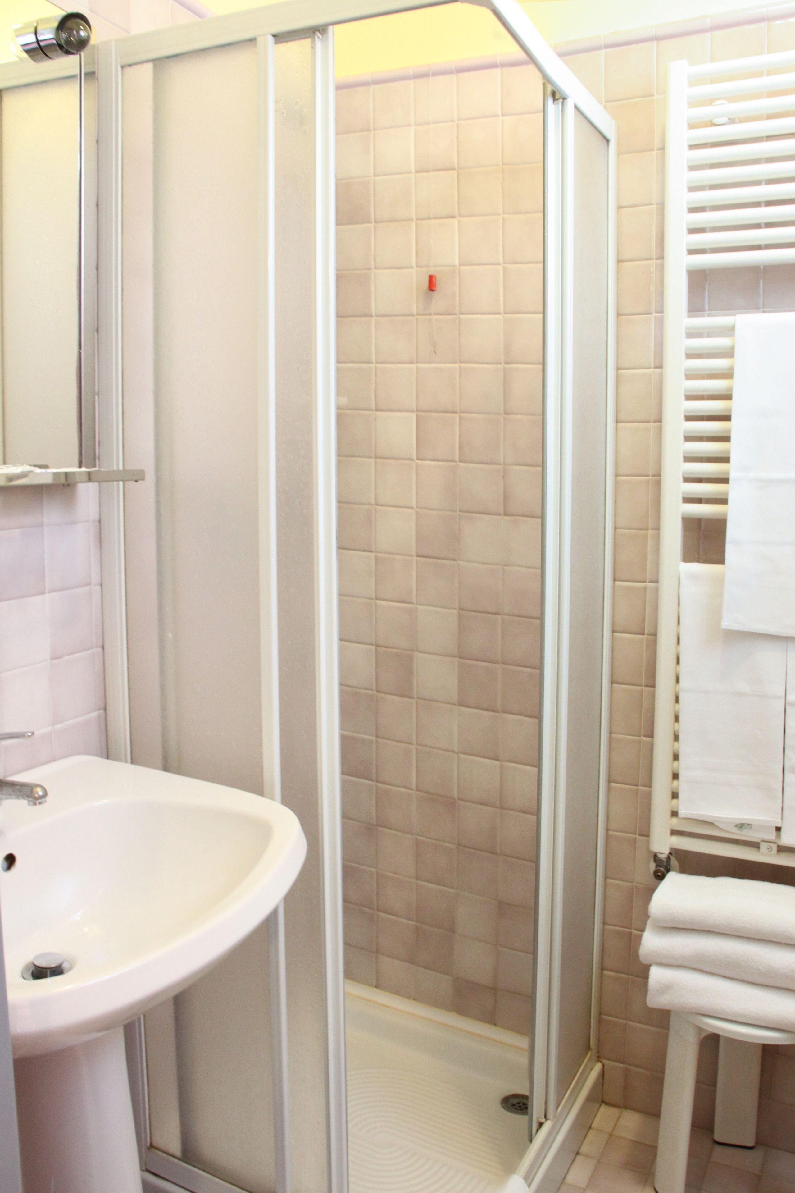 A bathroom with a glass-enclosed shower, a white sink, and a towel rack.