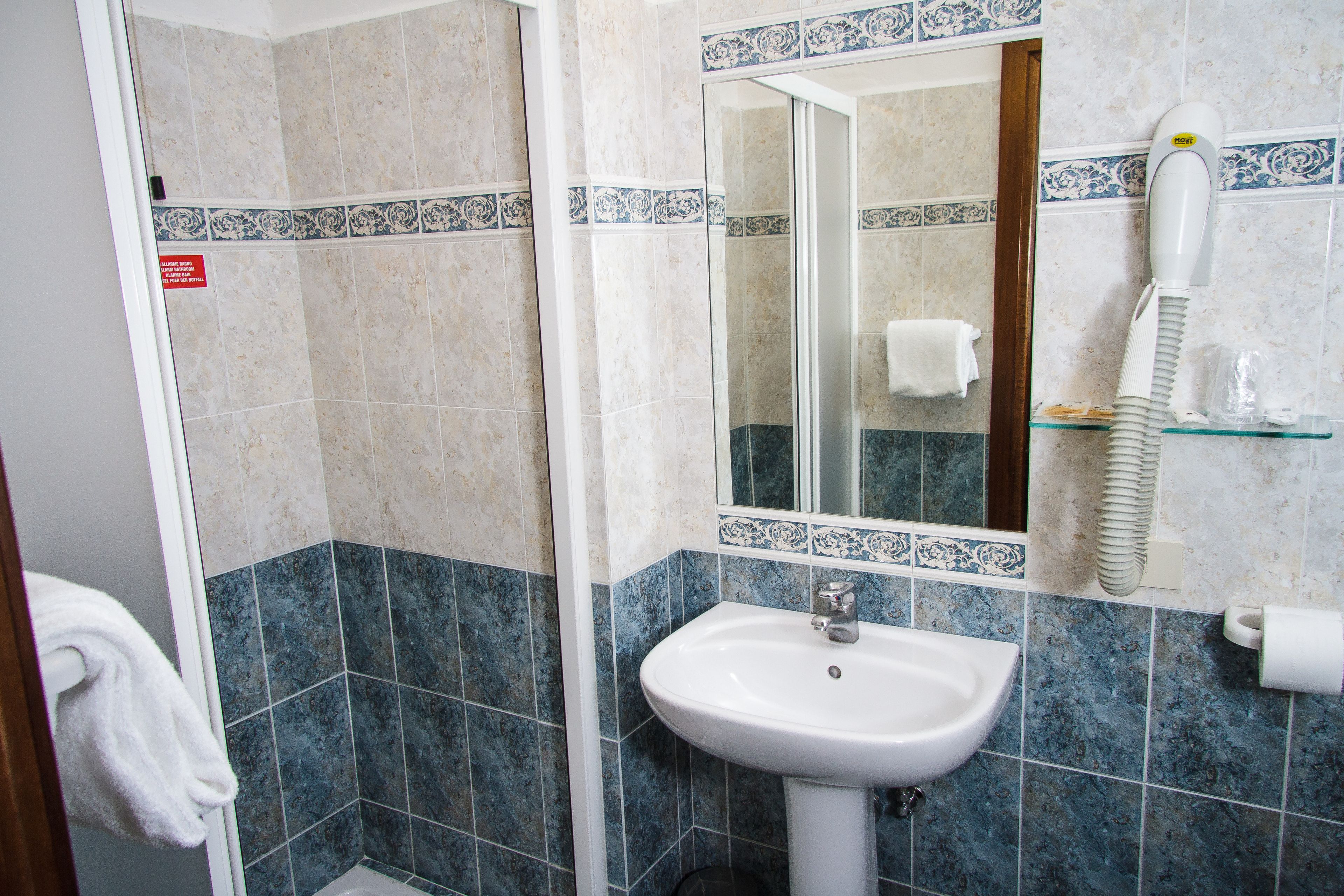 shower, hair dryer, bidet, towels