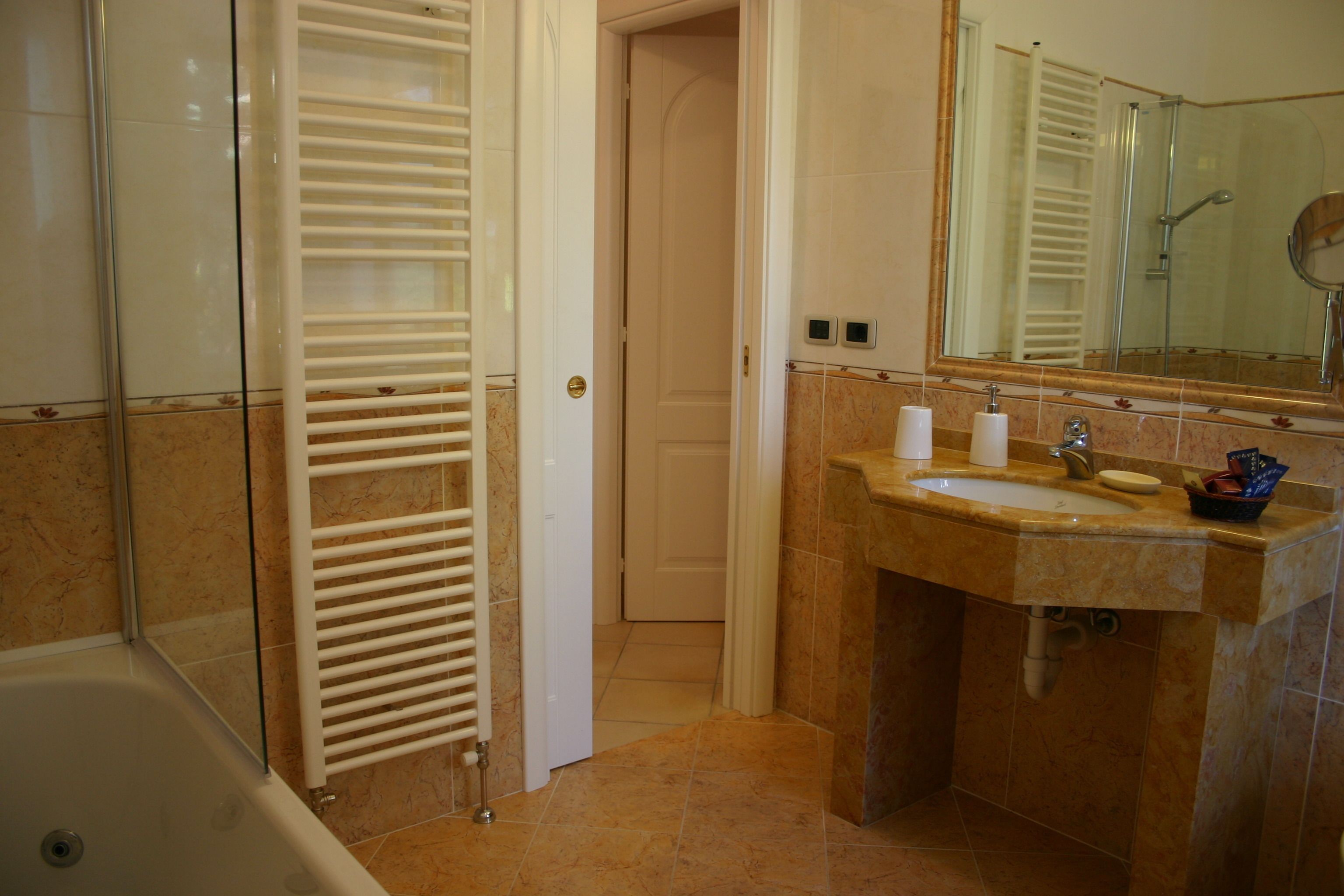 free toiletries, hair dryer, bidet, towels