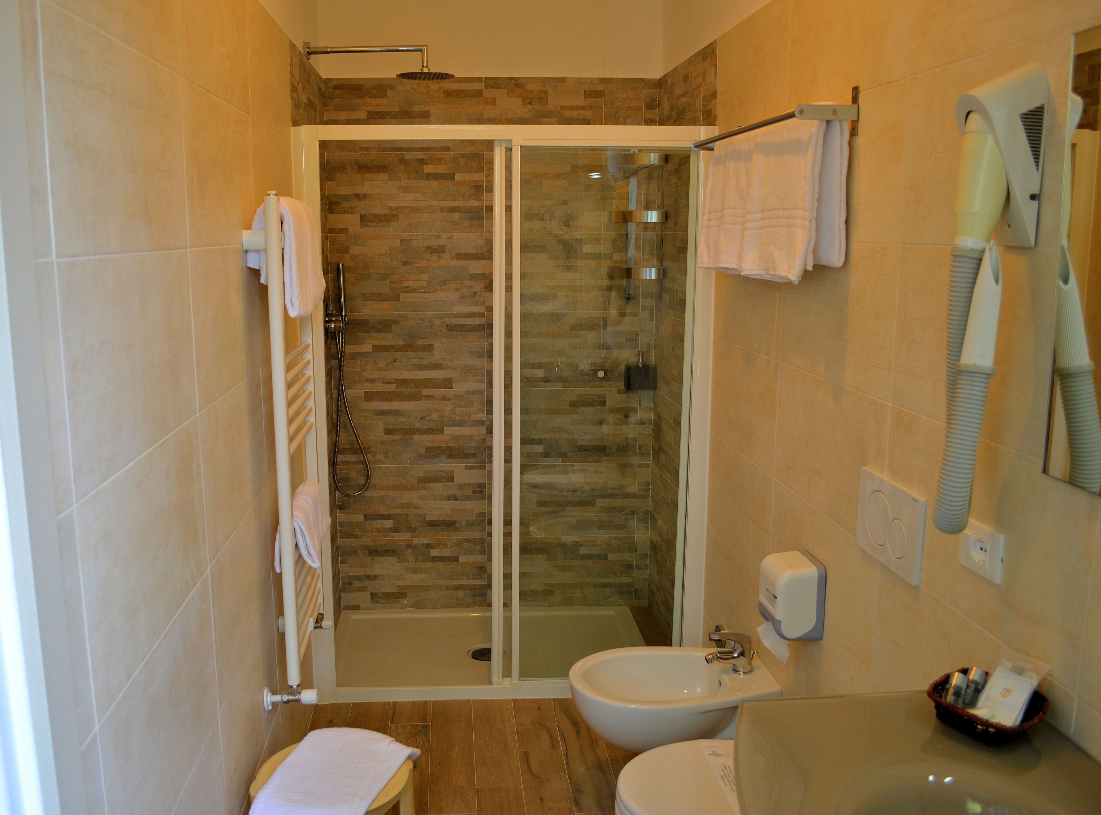 free toiletries, hair dryer, bidet, towels