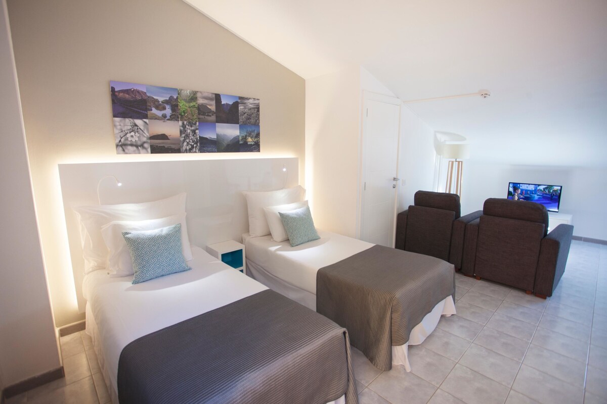 Habitación de hotel con dos camas, televisión y zona de estar.