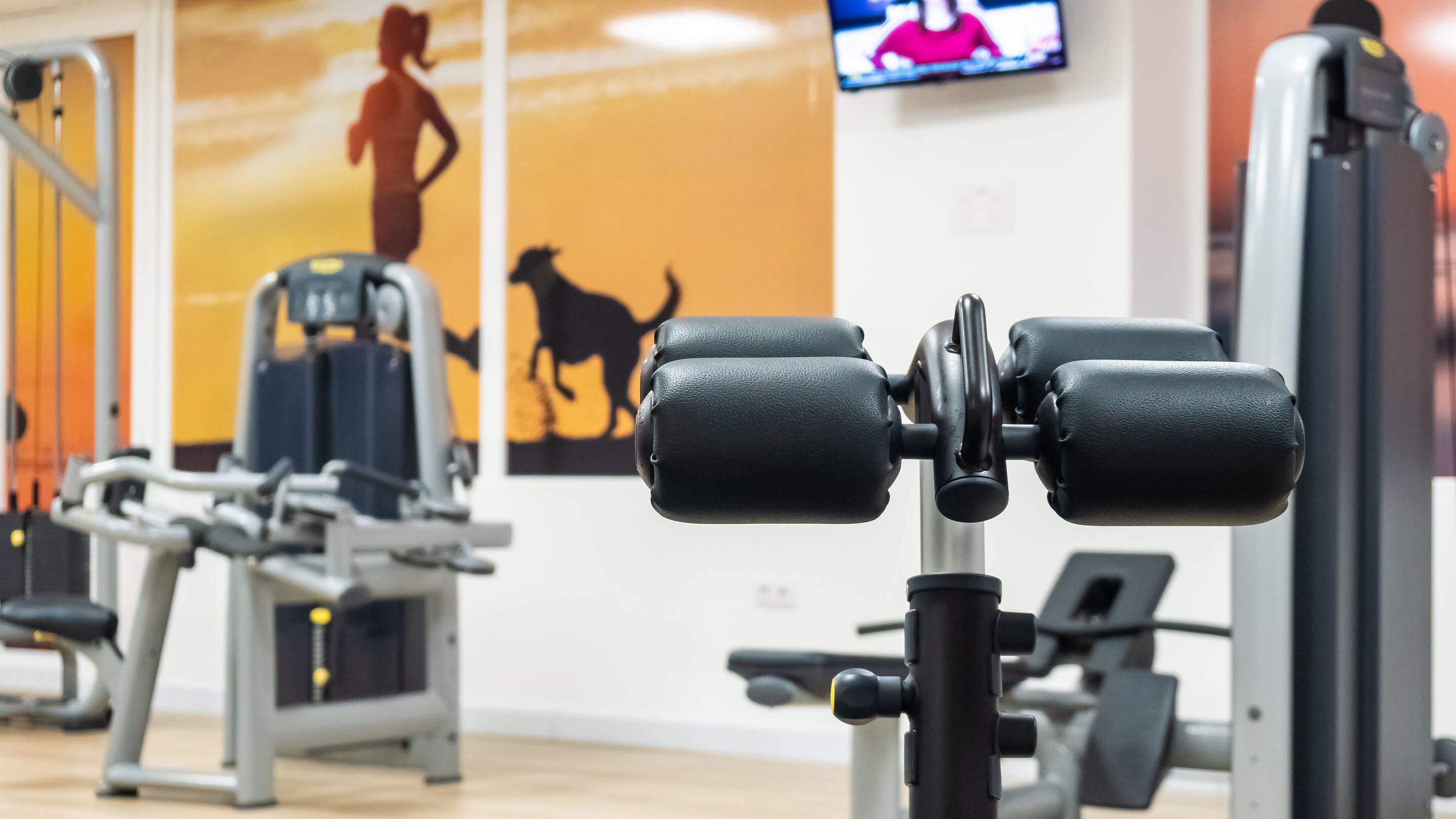 Un gimnasio con equipo de ejercicio, incluyendo mancuernas y una pantalla de televisión al fondo.