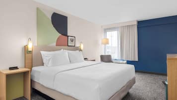 Premium bedding, desk, blackout drapes, iron/ironing board