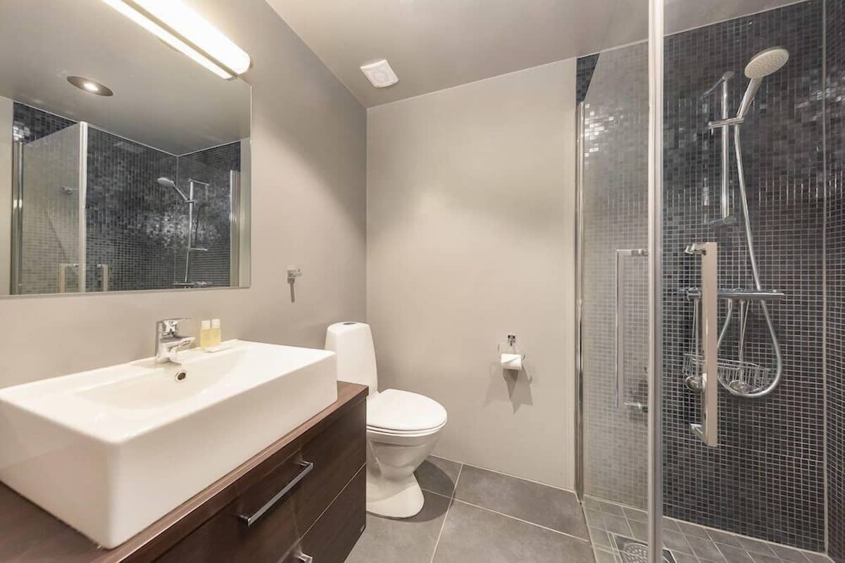 A modern bathroom with a large sink, toilet, and glass-enclosed shower.