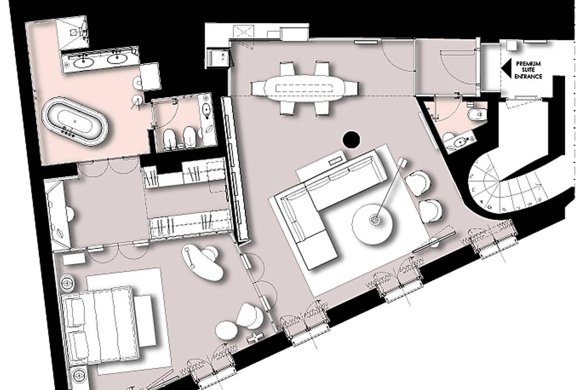 A hotel layout with a central dining area, multiple bedrooms, a gym, and a pool.