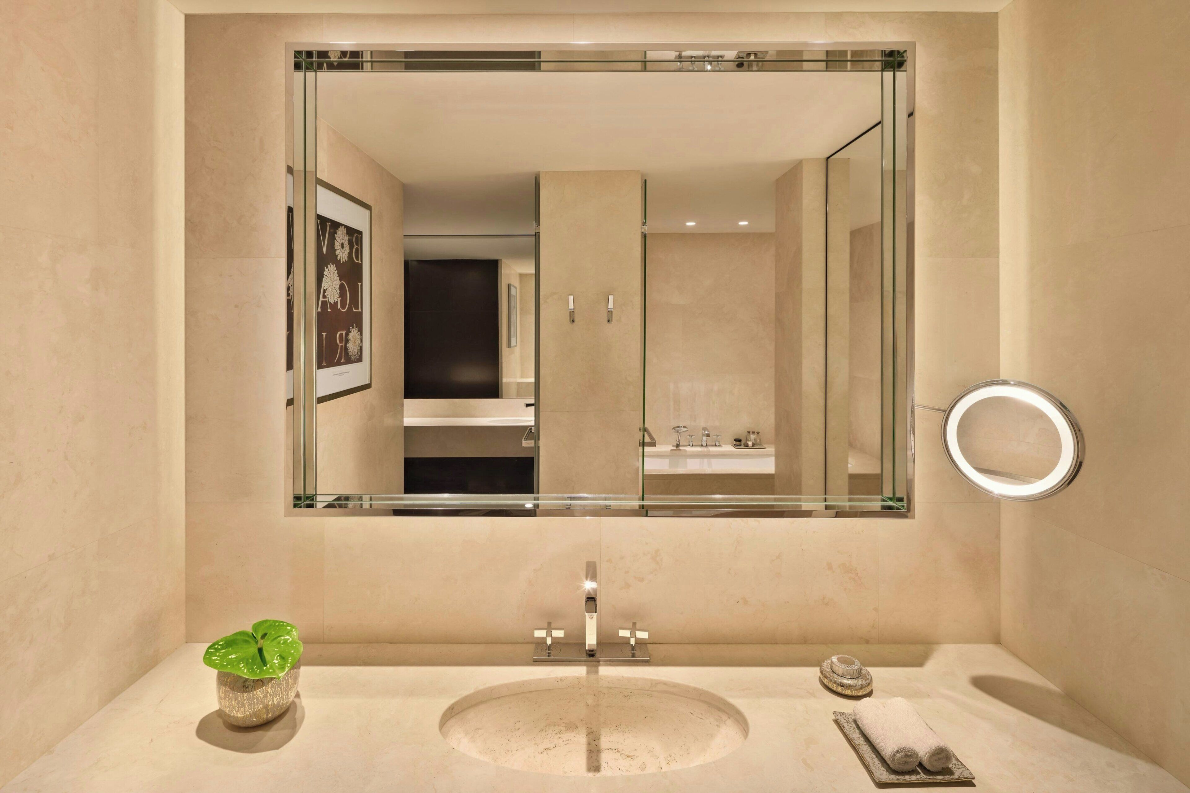 A bathroom with a large mirror, a sink, a small plant, and a towel rack.