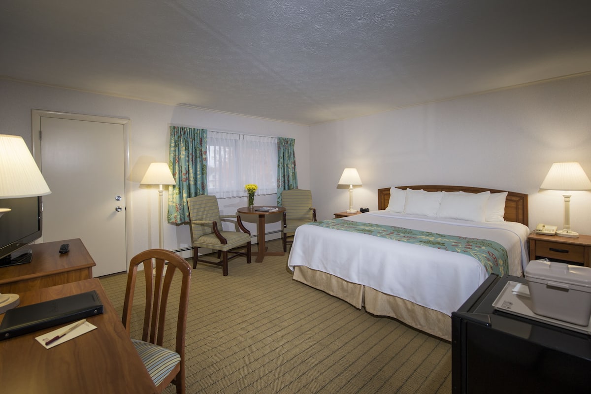 Une chambre d’hôtel comprenant un lit, un bureau avec un ordinateur, une chaise, une petite table avec un vase et deux lampes.