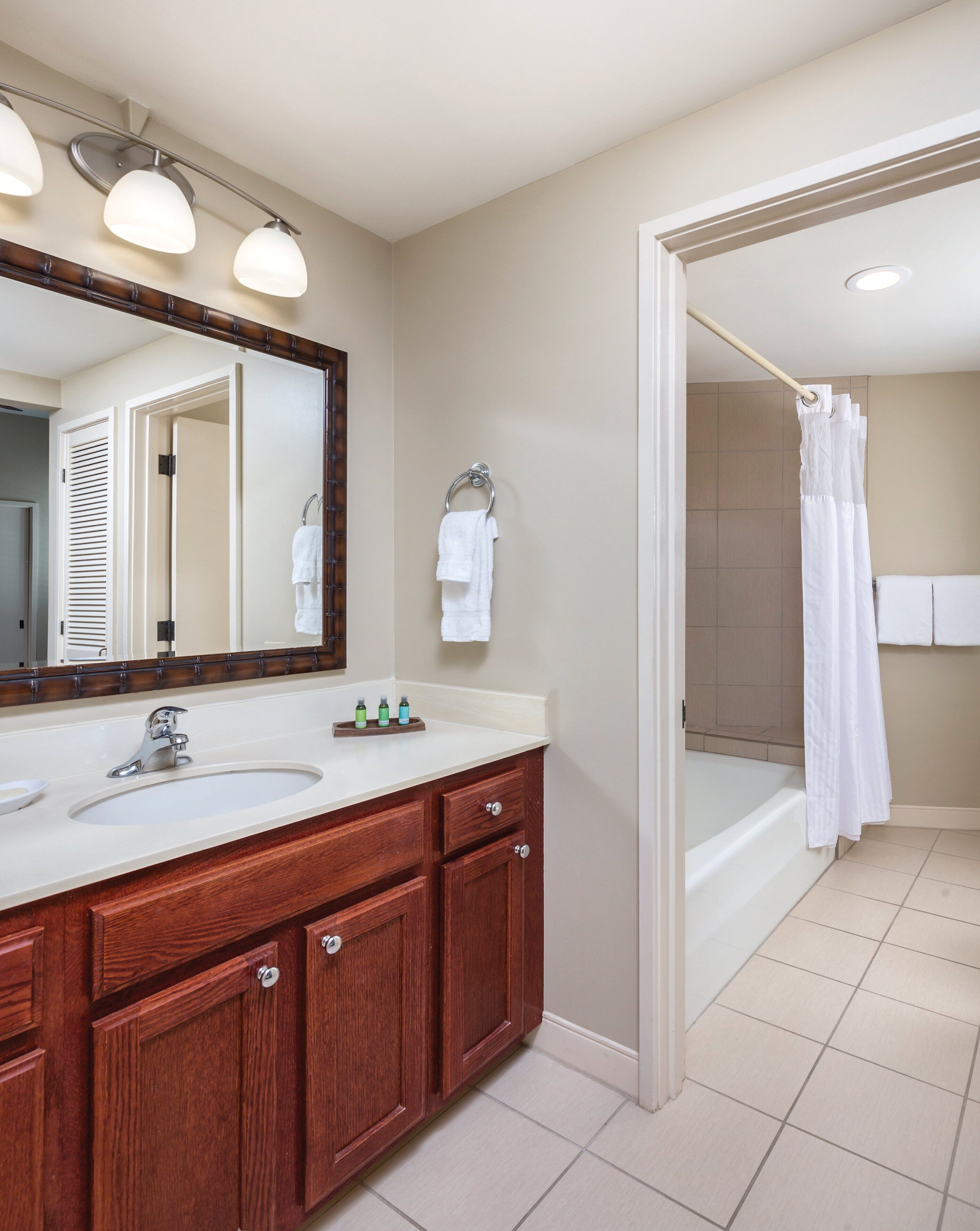 combined shower/bathtub, free toiletries, hair dryer, towels