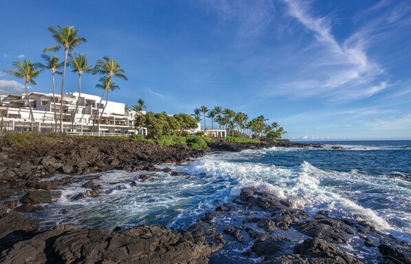 A coastal hotel with a rocky shoreline, palm trees, and ocean waves.