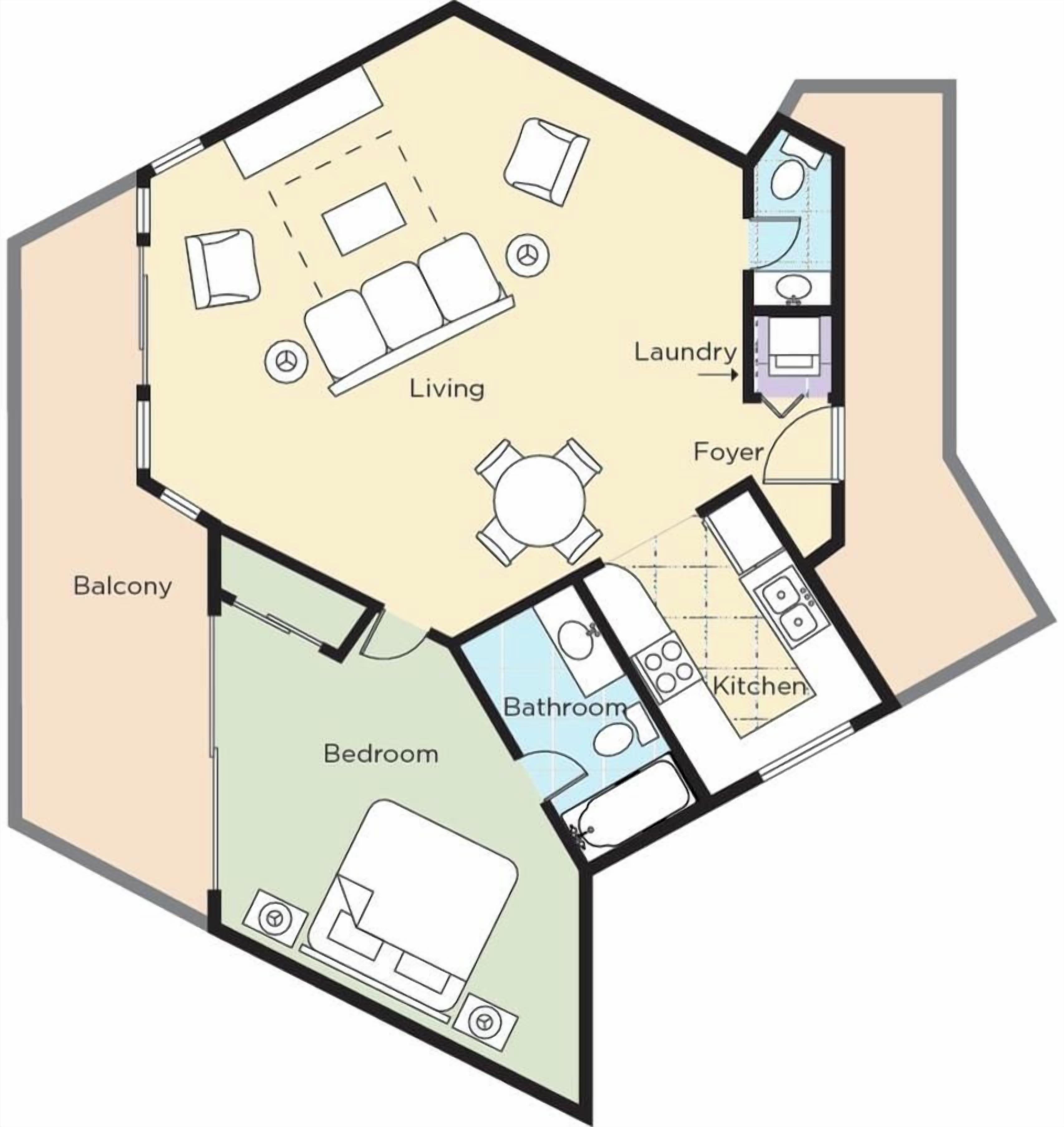 A floor plan with a living room, bedroom, balcony, laundry, foyer, bathroom, and kitchen.