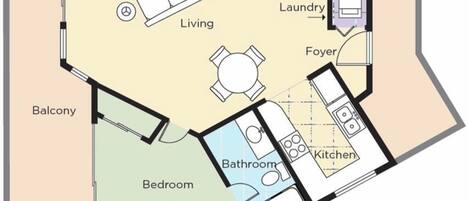A floor plan with a living room, bedroom, balcony, laundry, foyer, bathroom, and kitchen.