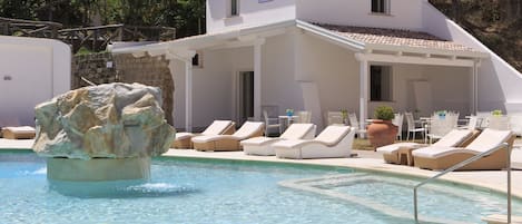 Seasonal outdoor pool, pool umbrellas, pool loungers