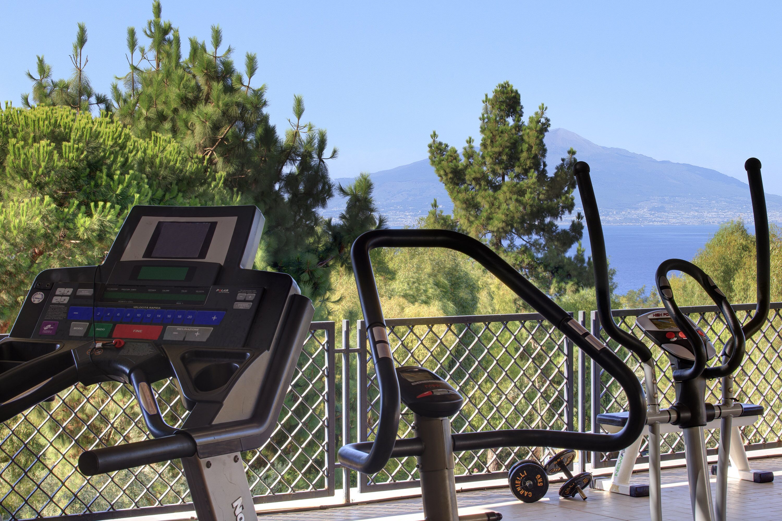 Academia com equipamentos de ginástica e vista para uma montanha e árvores.