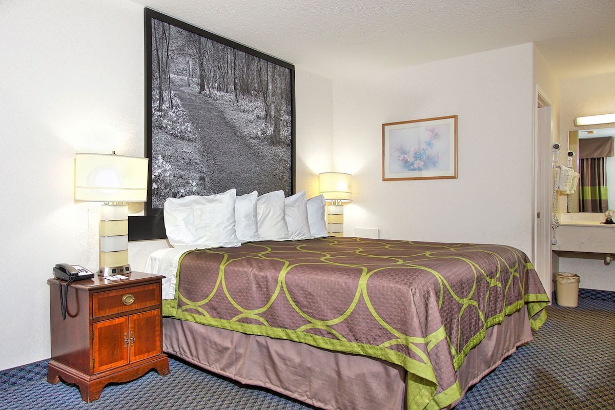 Une chambre d’hôtel avec un grand lit, deux lampes de chevet, une table de chevet en bois avec un téléphone, un tableau encadré au mur et un miroir dans la salle de bain.