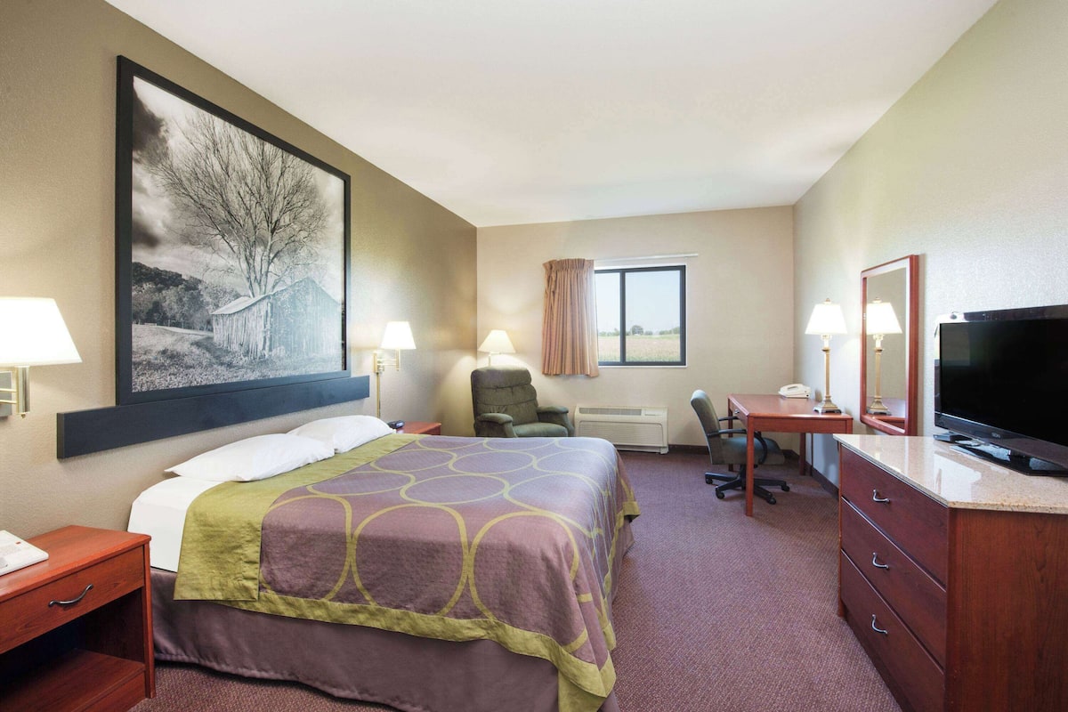 Une chambre d’hôtel avec un lit, un bureau, une chaise, une télévision et un grand tableau accroché au mur.