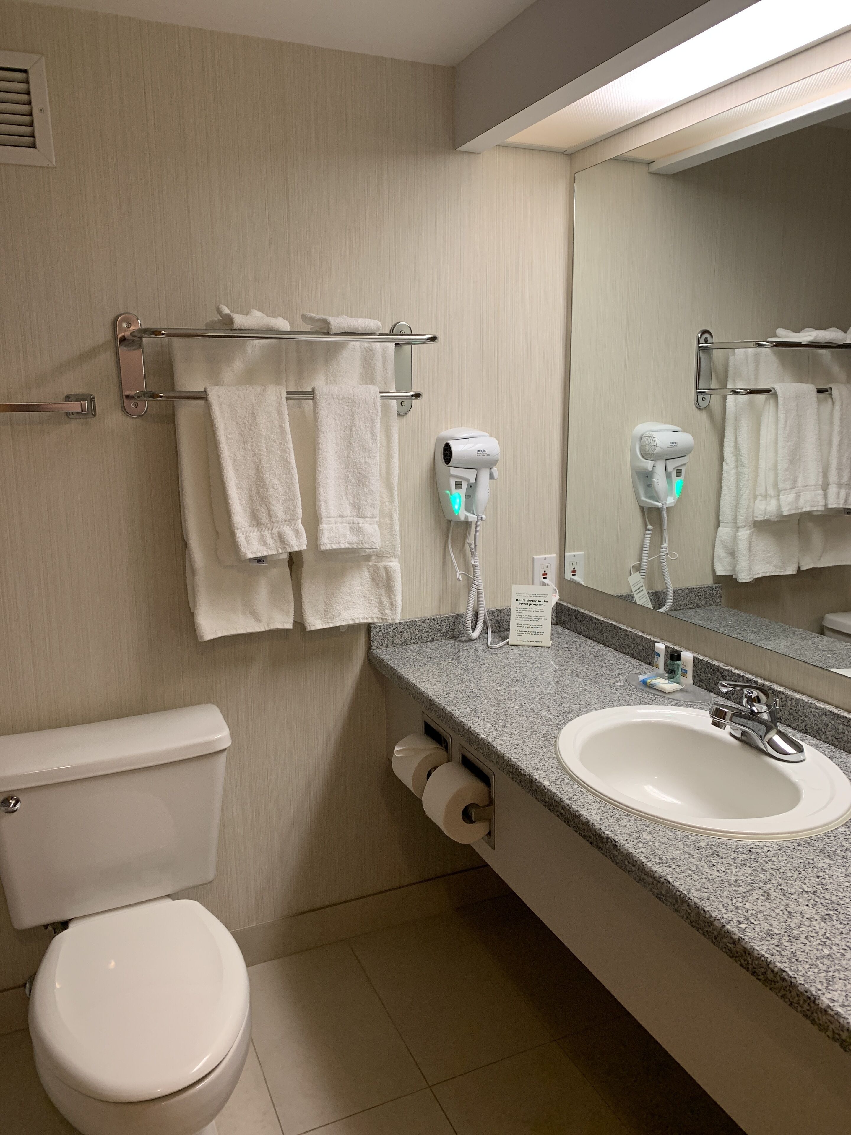 combined shower/bathtub, free toiletries, hair dryer, towels