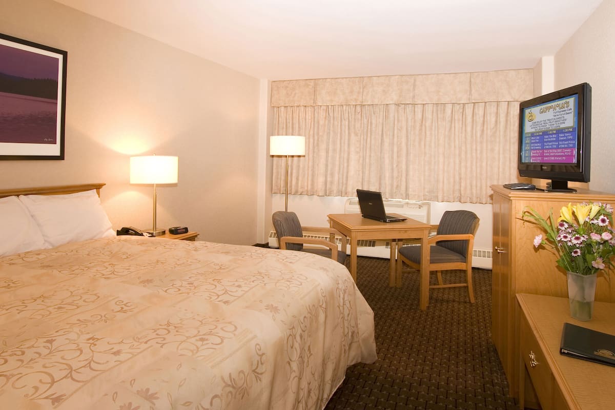 A hotel room with a large bed, a desk with a laptop, a television, and a vase with flowers.