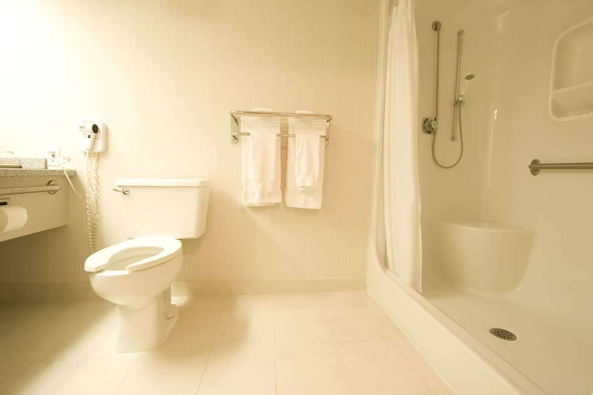 A bathroom with a toilet, a shower, and a towel rack.