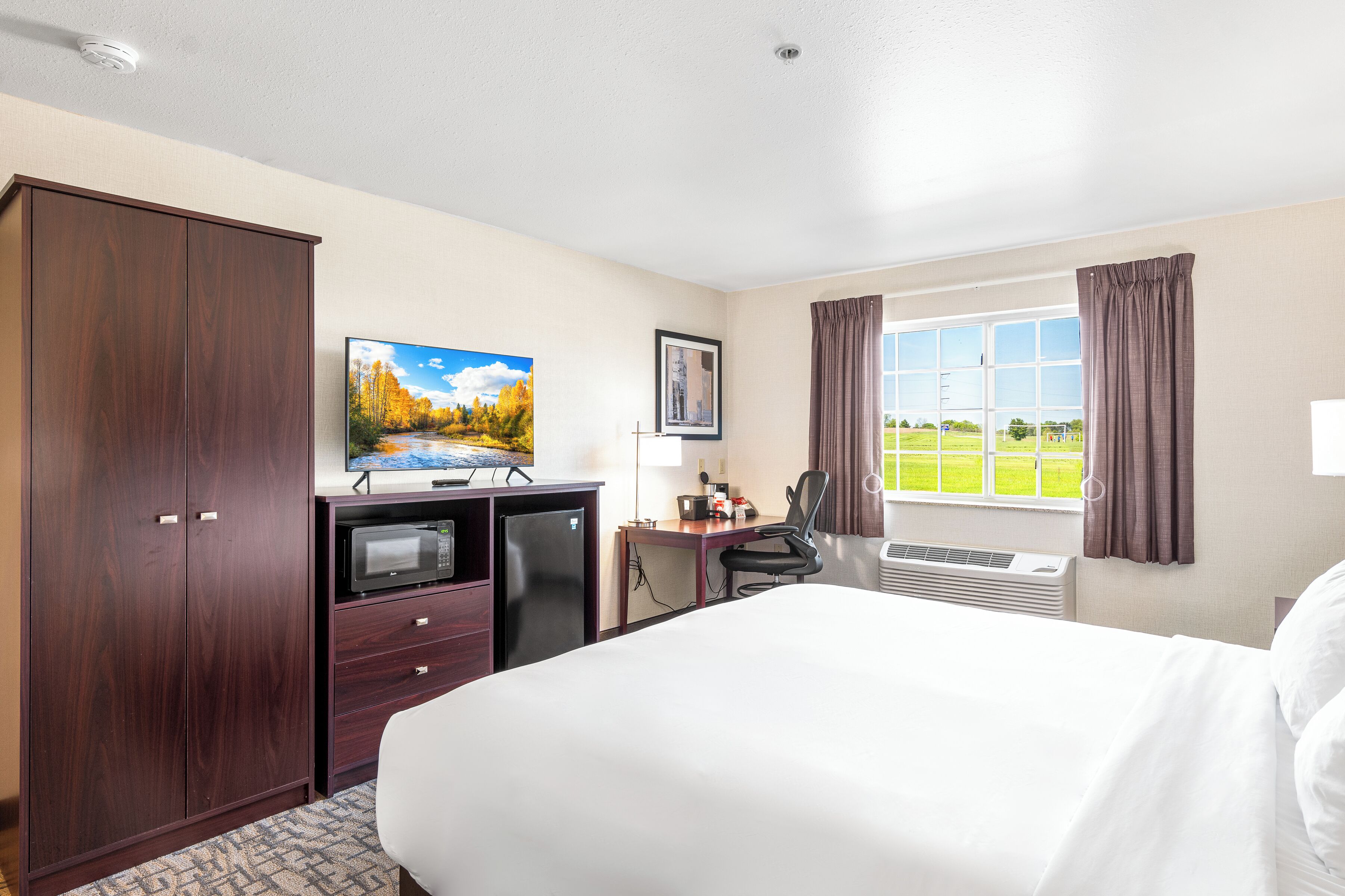 Une chambre d’hôtel avec un grand lit, un bureau avec un ordinateur, une télévision et une vue sur un paysage verdoyant par la fenêtre.