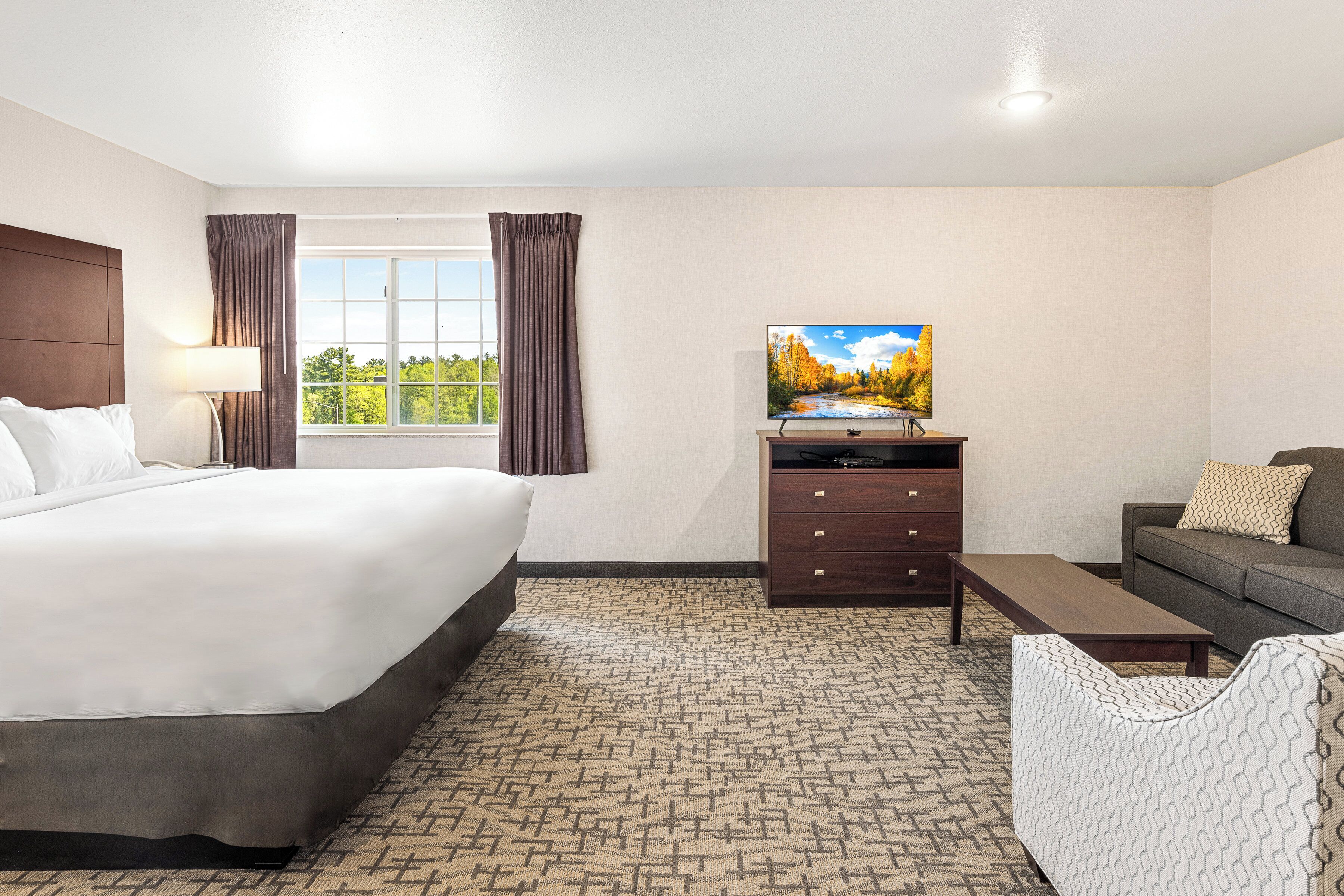 Une chambre d’hôtel avec un lit, une télévision, un canapé et une fenêtre avec des rideaux.