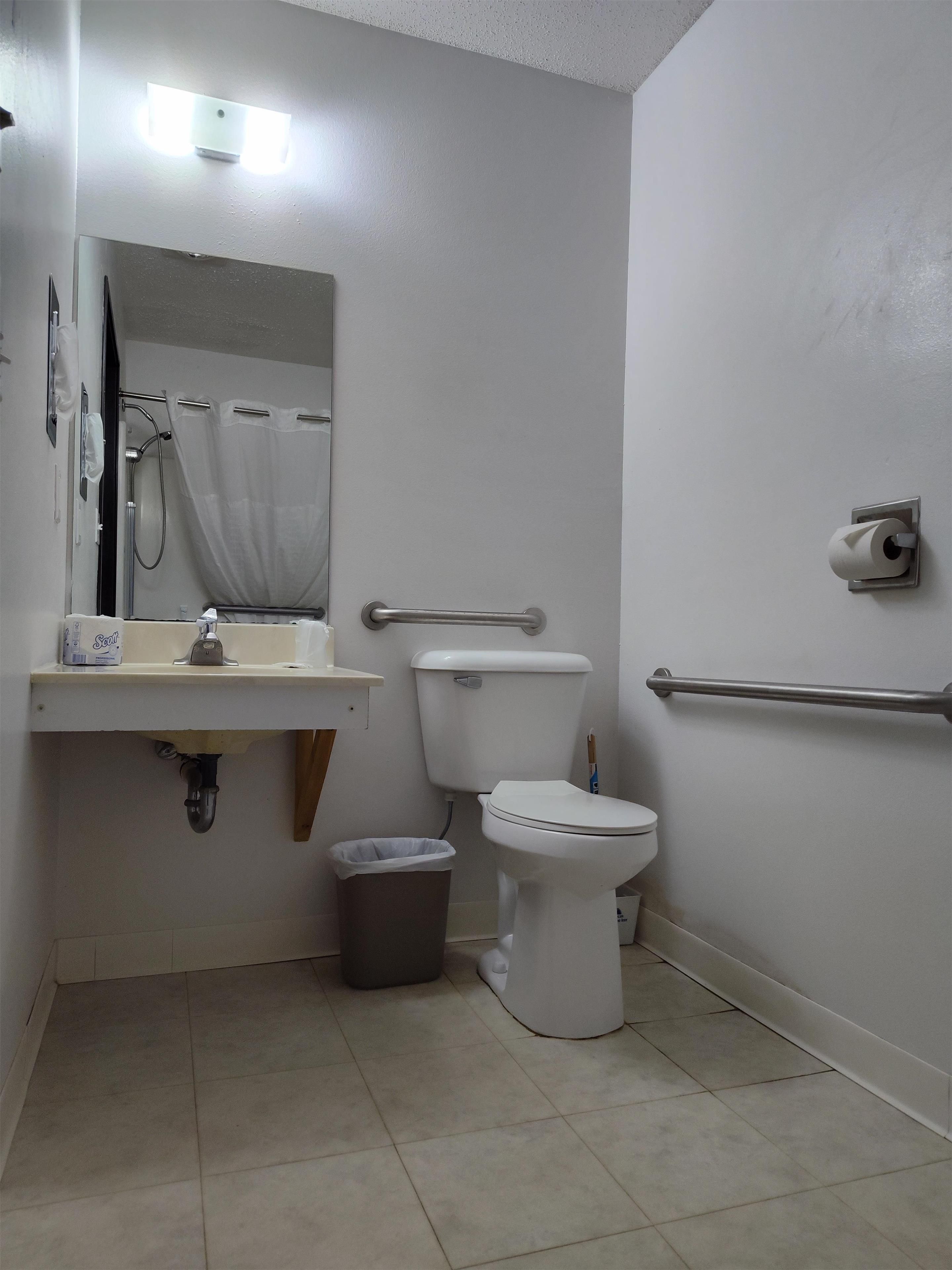 Un baño con inodoro, lavamanos, espejo y barras de apoyo.