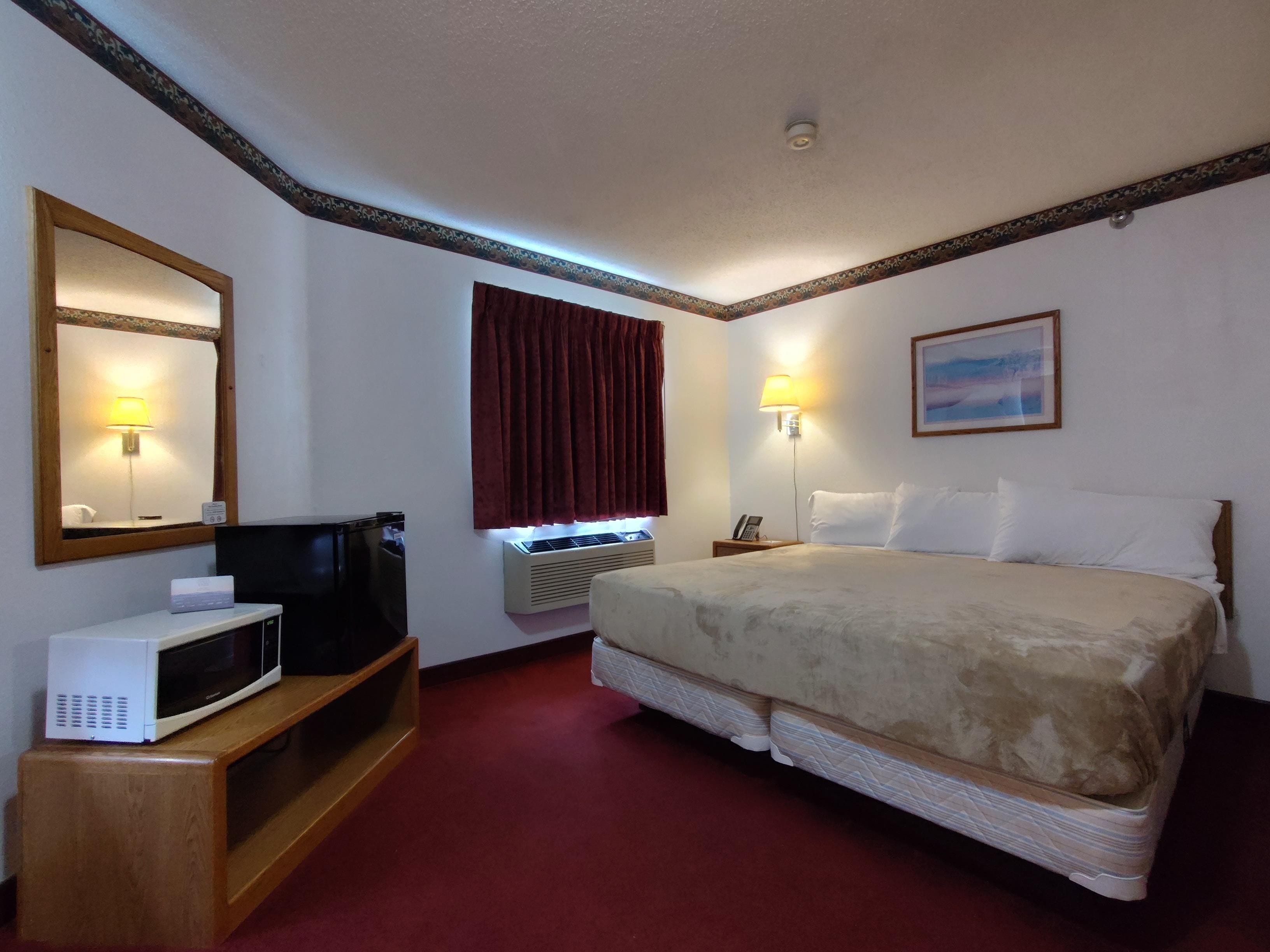 A hotel room with a bed, a television, a microwave, a bedside lamp, and a window with curtains.