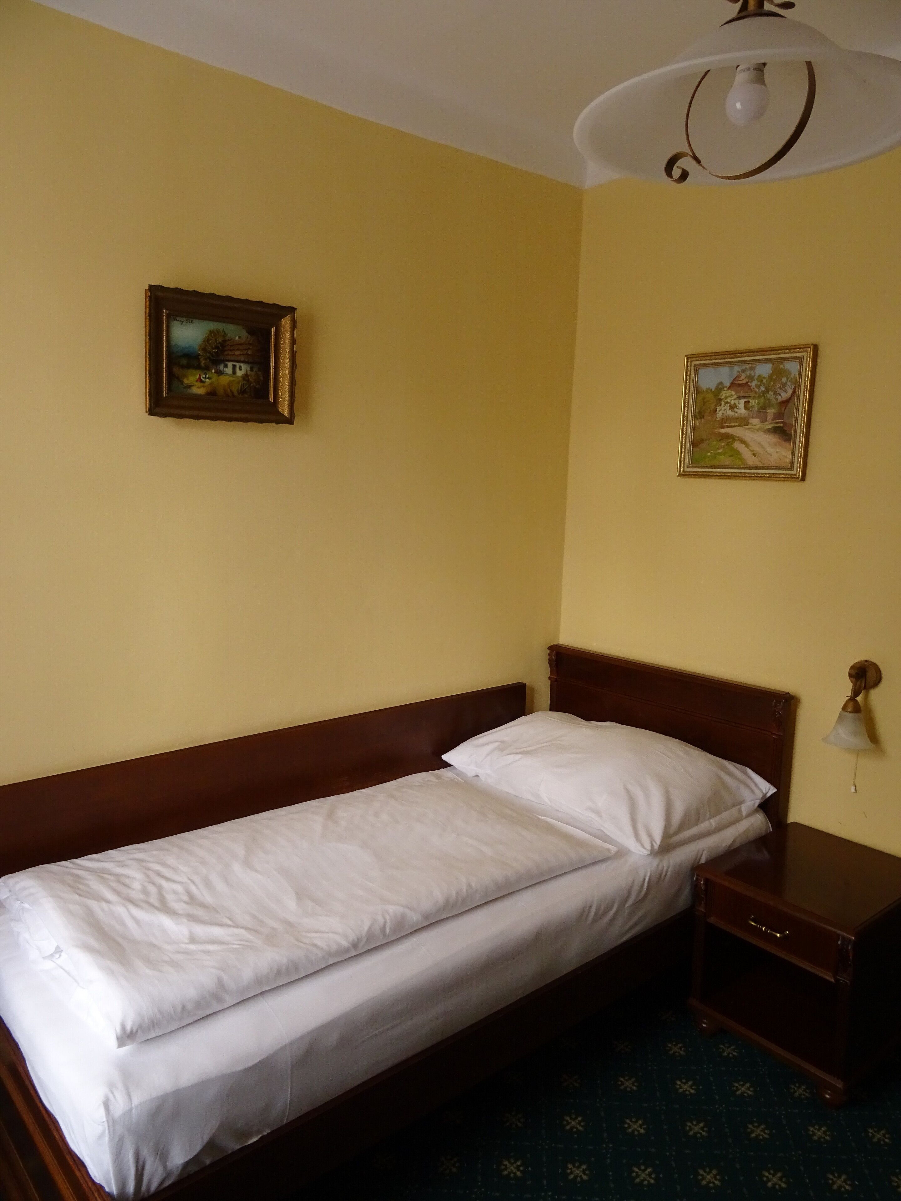 A single bed with white bedding in a room with yellow walls. There are two framed pictures on the wall, a nightstand with a lamp, and a patterned carpet.