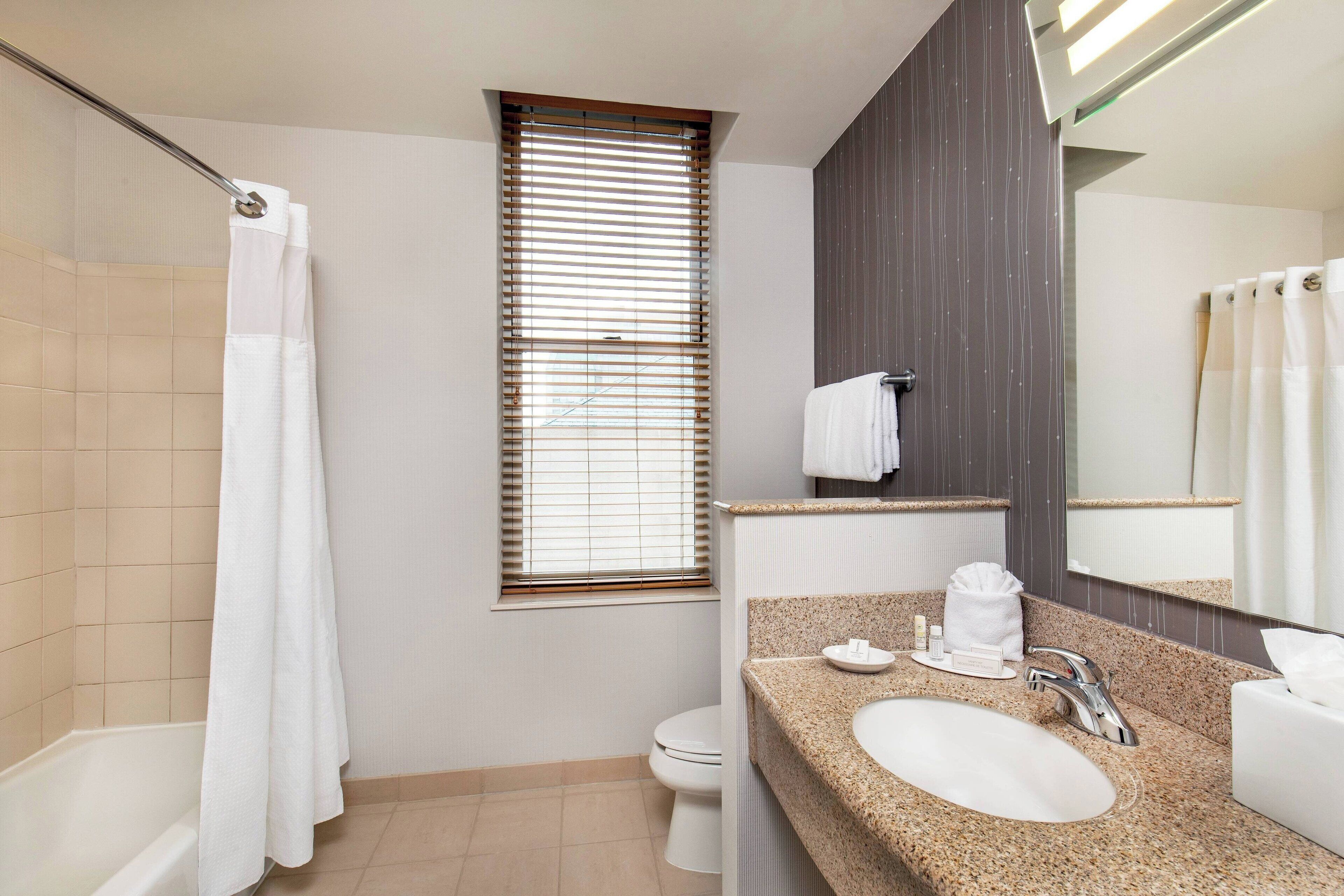 combined shower/bathtub, free toiletries, hair dryer, bathrobes