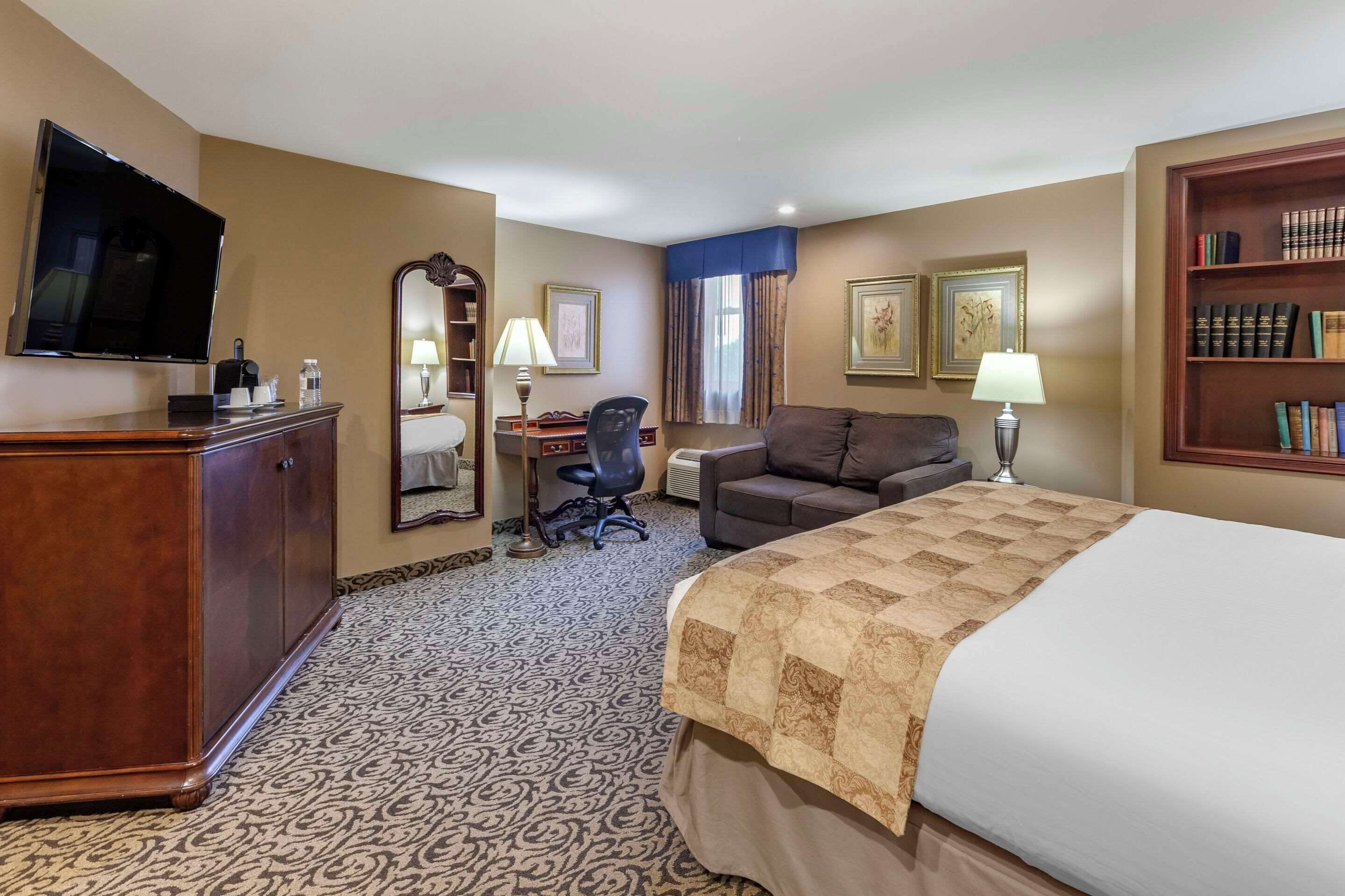 A hotel room with a bed, a desk with a chair, a sofa, a television, a bookshelf, and a patterned carpet.