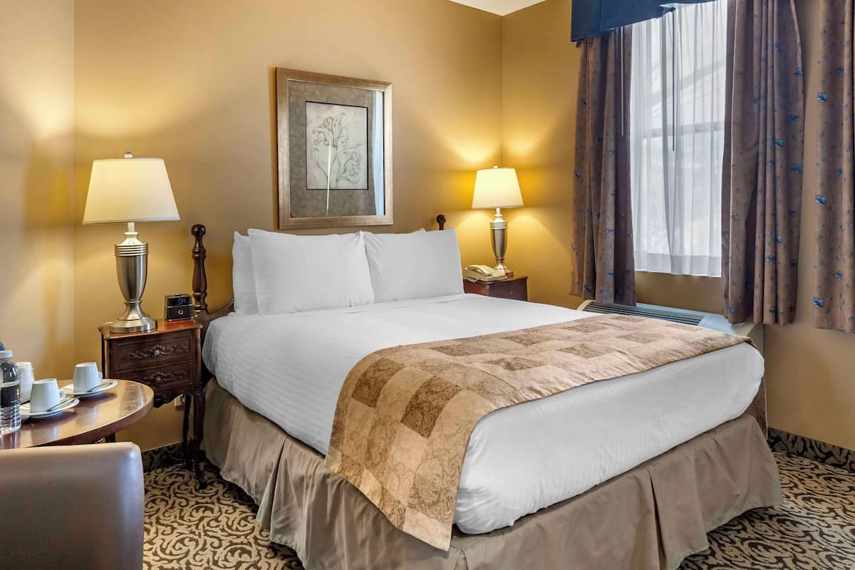 Une chambre d’hôtel avec un grand lit, deux tables de chevet avec des lampes, une œuvre d’art encadrée au-dessus du lit et une fenêtre avec des rideaux.