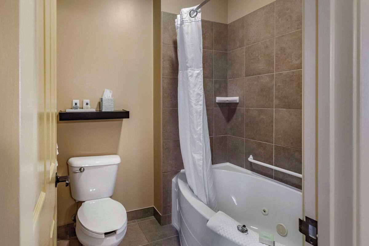 Une salle de bain équipée de toilettes, d’une baignoire et d’un rideau de douche.