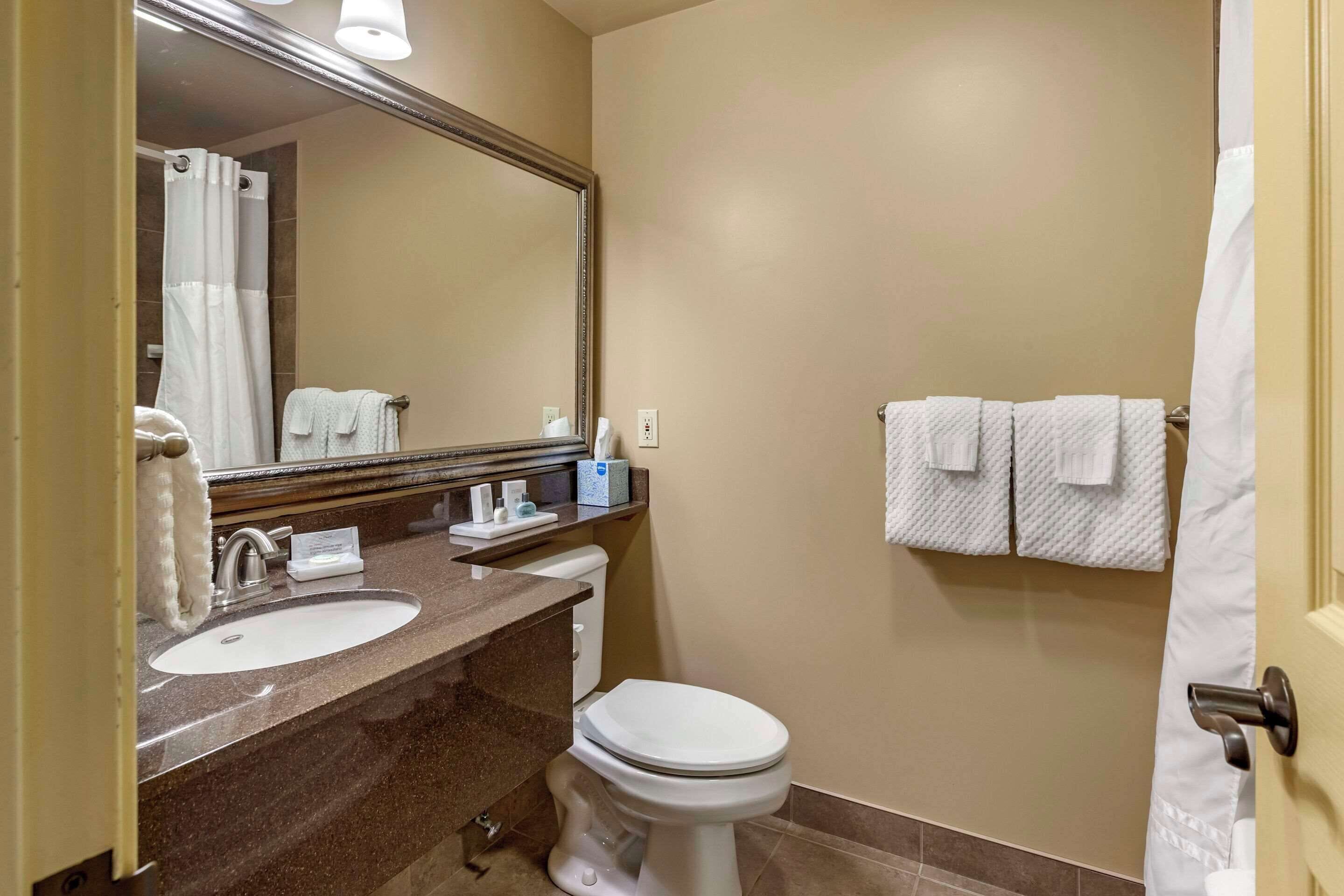 A bathroom with a sink, mirror, toilet, and towel rack.