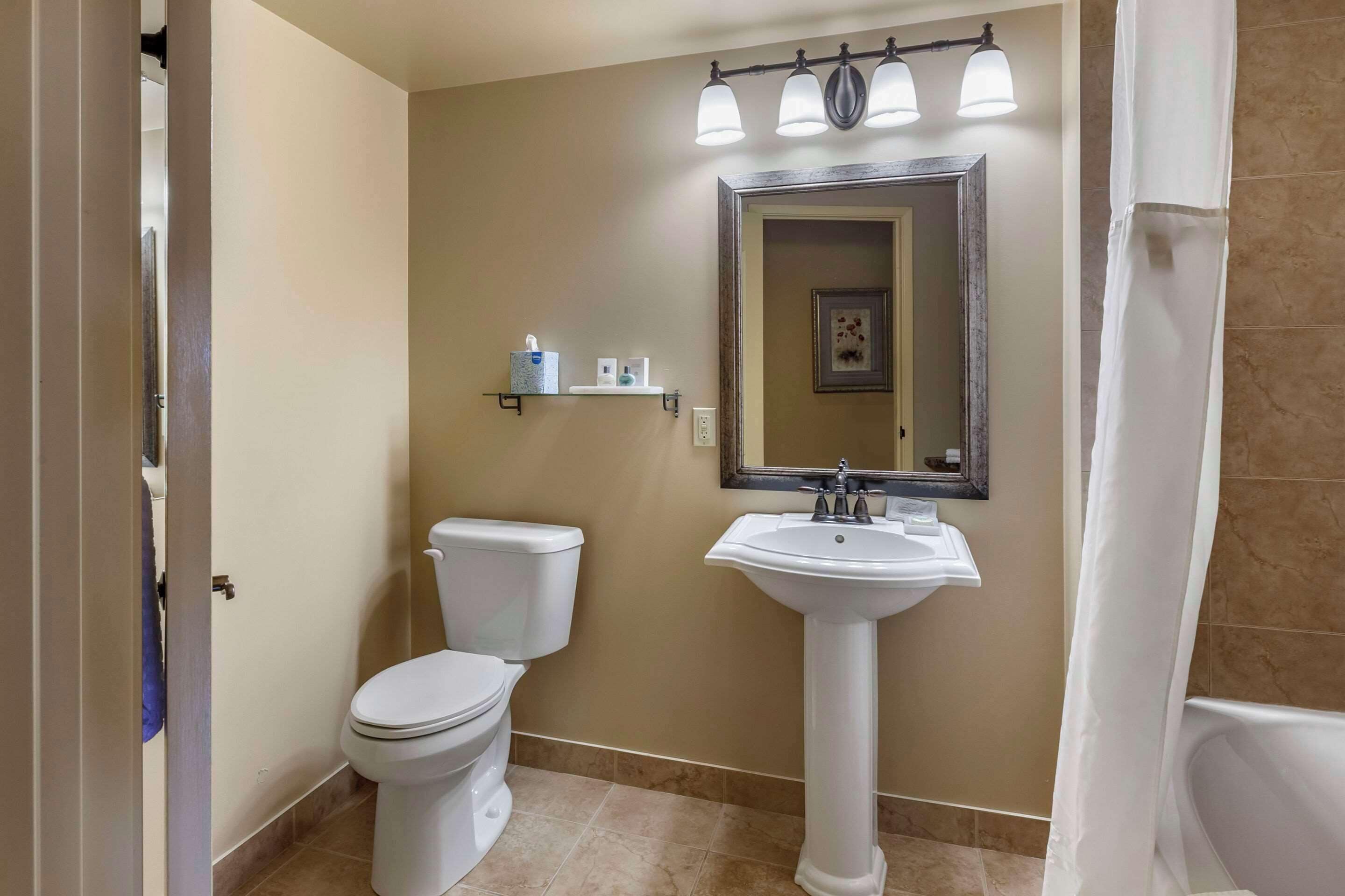 A bathroom with a toilet, sink, and shower curtain.