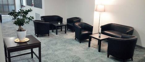 A waiting area with a potted plant, black leather chairs, a small table, and a floor lamp.