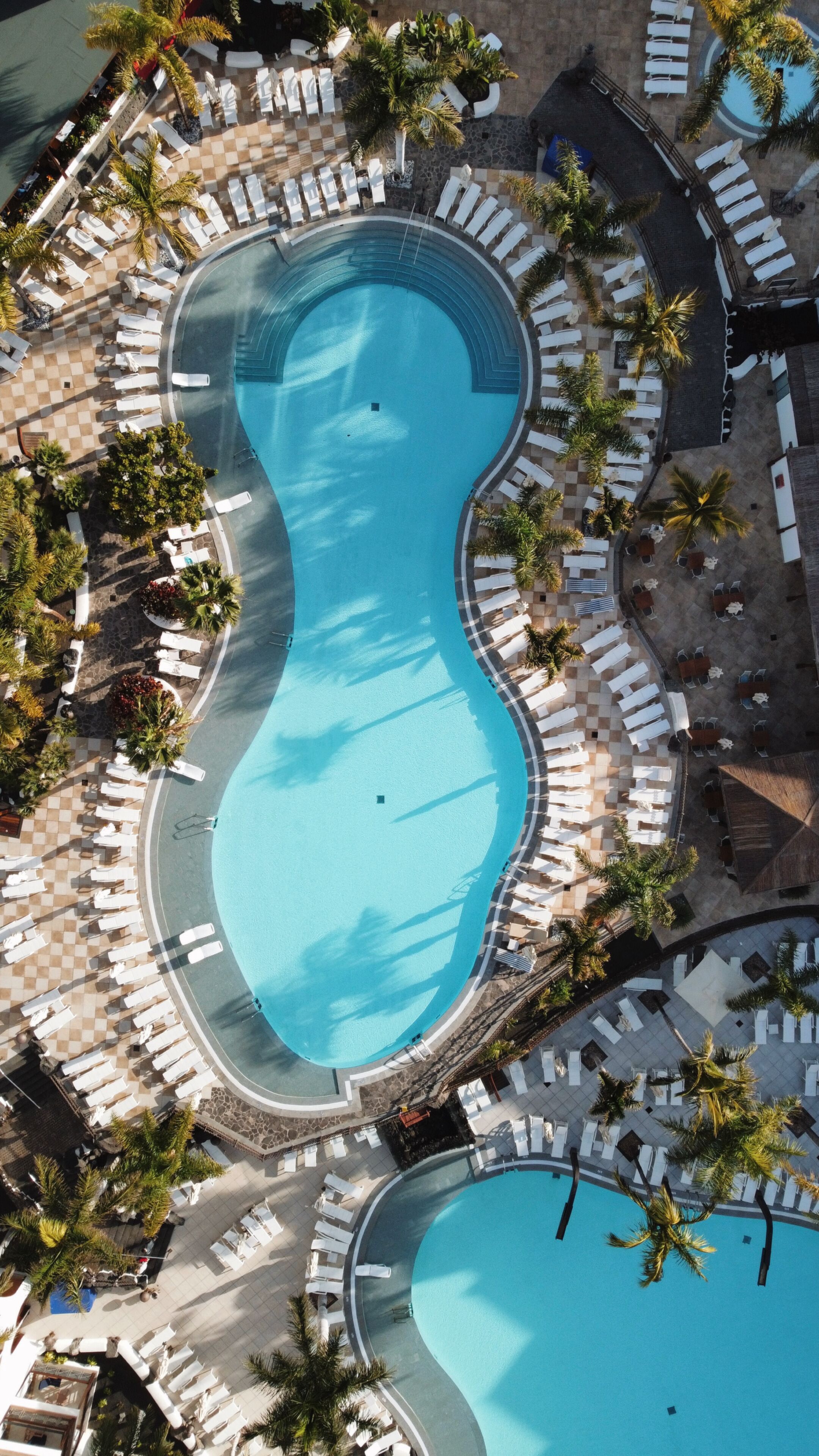 Vista aérea de un resort con una gran piscina rodeada de sillas de descanso y palmeras.