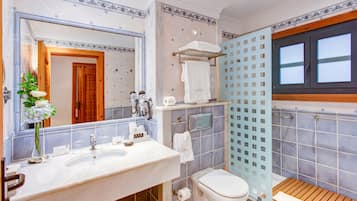 Une salle de bain comprenant un grand miroir, un lavabo avec des articles de toilette, des toilettes et un espace douche.