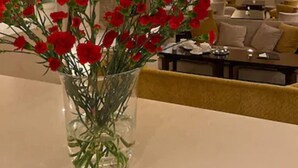Een moderne woonkamer met een grote vaas rode bloemen op een tafel, een bank en een salontafel.