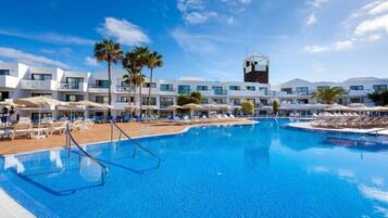 Outdoor pool, pool umbrellas, pool loungers