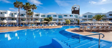 Outdoor pool, pool umbrellas, pool loungers