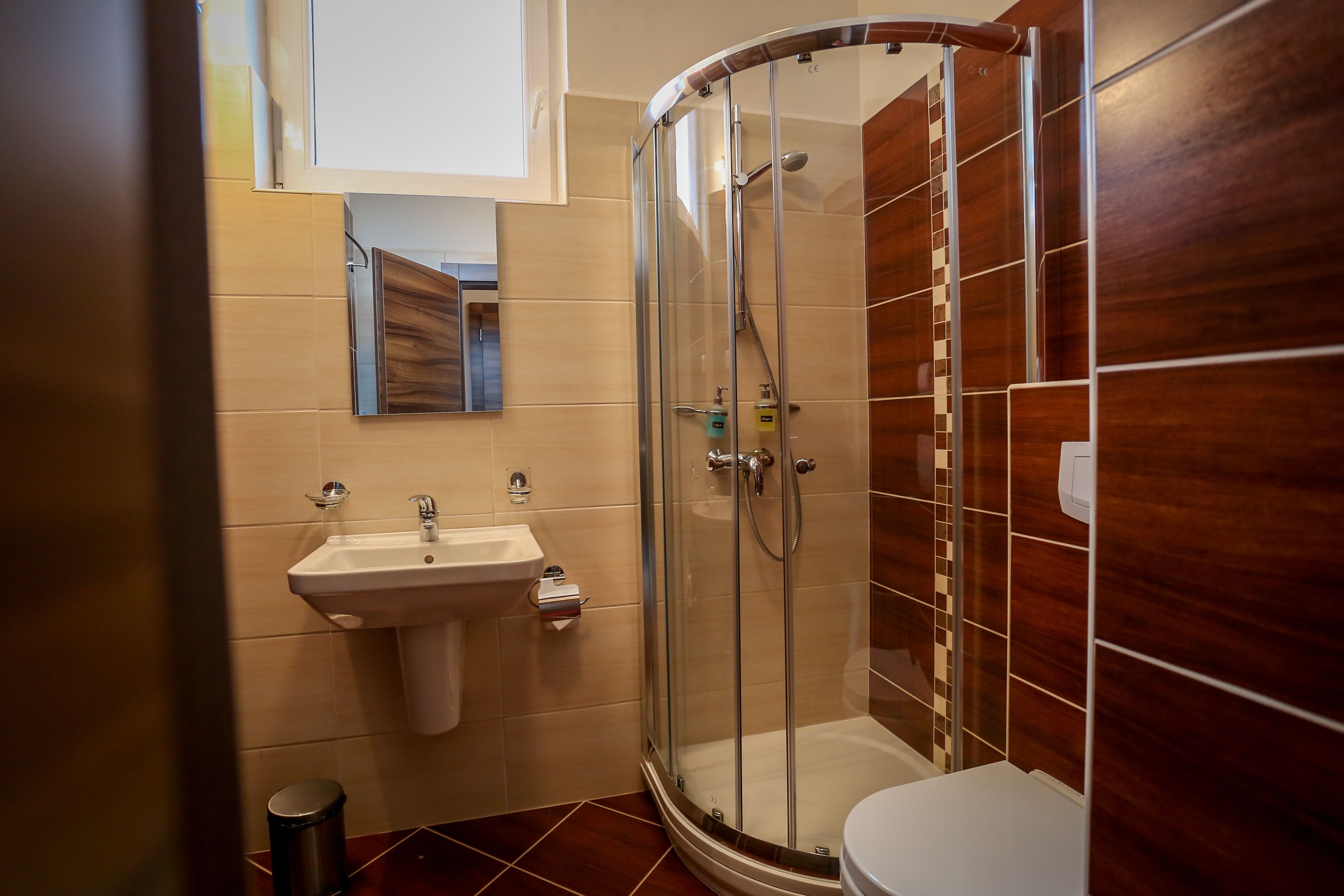 A modern bathroom with a glass-enclosed shower, a sink, and a toilet.