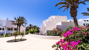 A modern building with a white facade, surrounded by palm trees and bougainvillea. - Hotel BlueBay Lanzarote - All inclusive (Teguise)