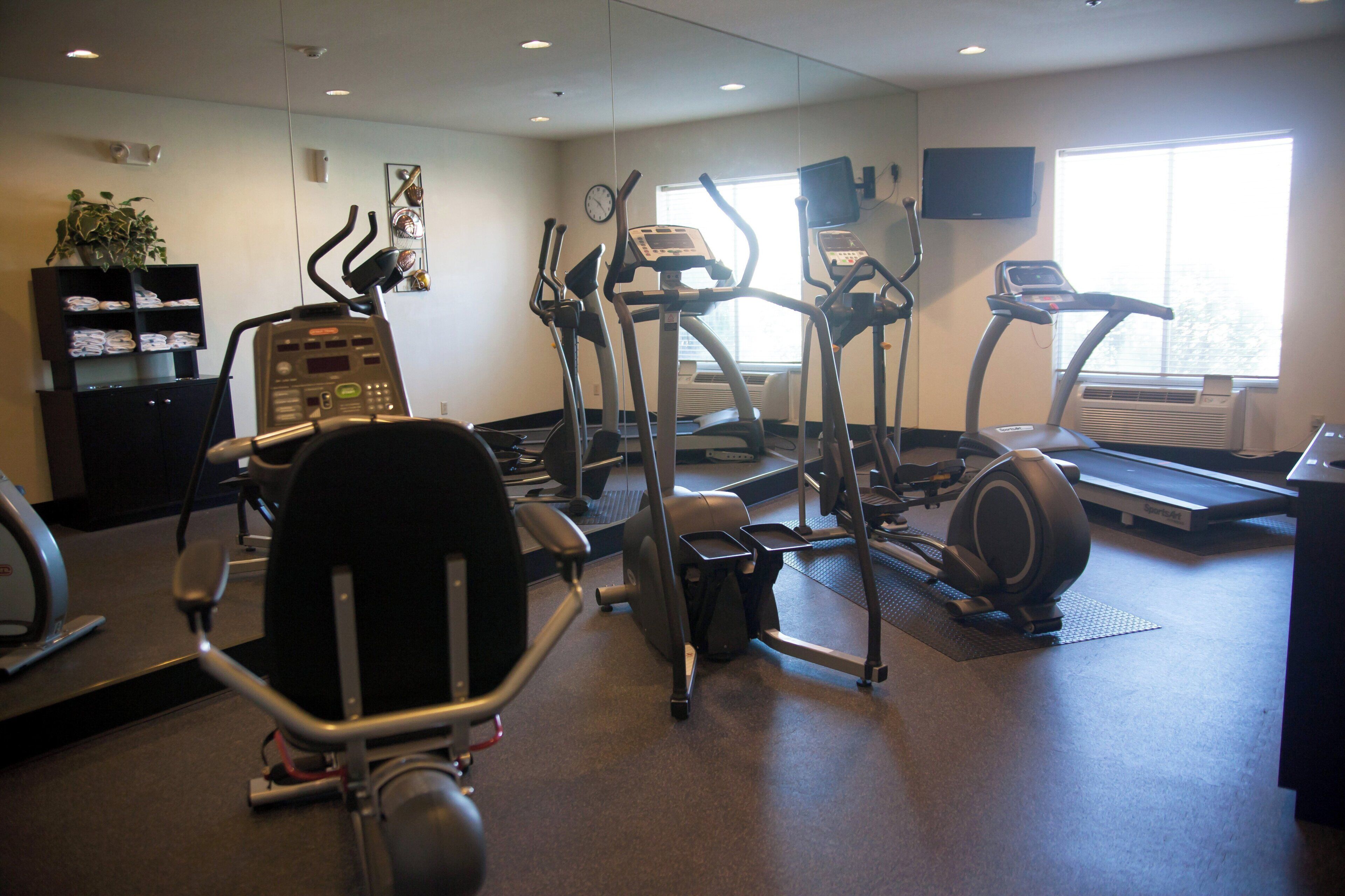 Un gimnasio con diverso equipo de ejercicio, incluyendo cintas de correr, bicicletas estáticas y una máquina de remo.