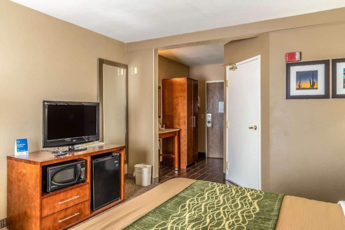 A hotel room with a TV, microwave, mini-fridge, bed, and a bathroom visible through an open door.