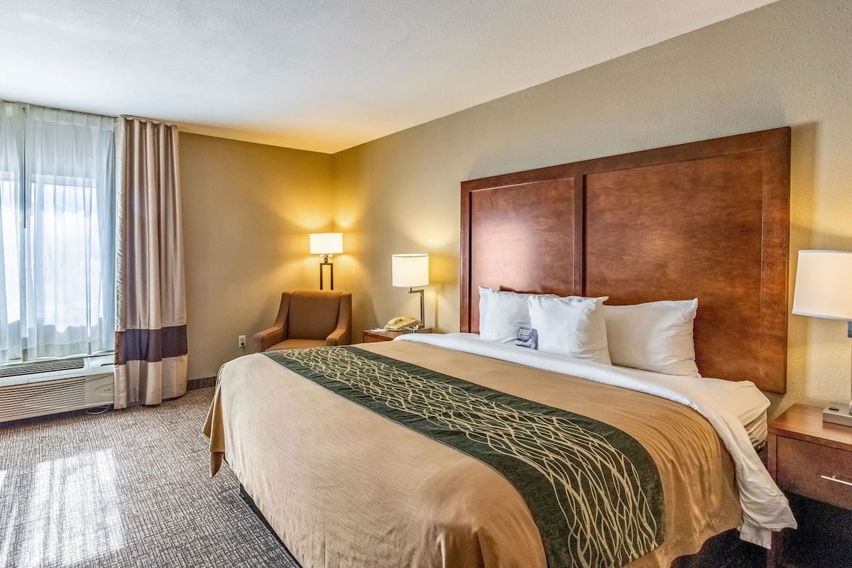 A hotel room with a large bed, a chair, a desk, and a lamp.