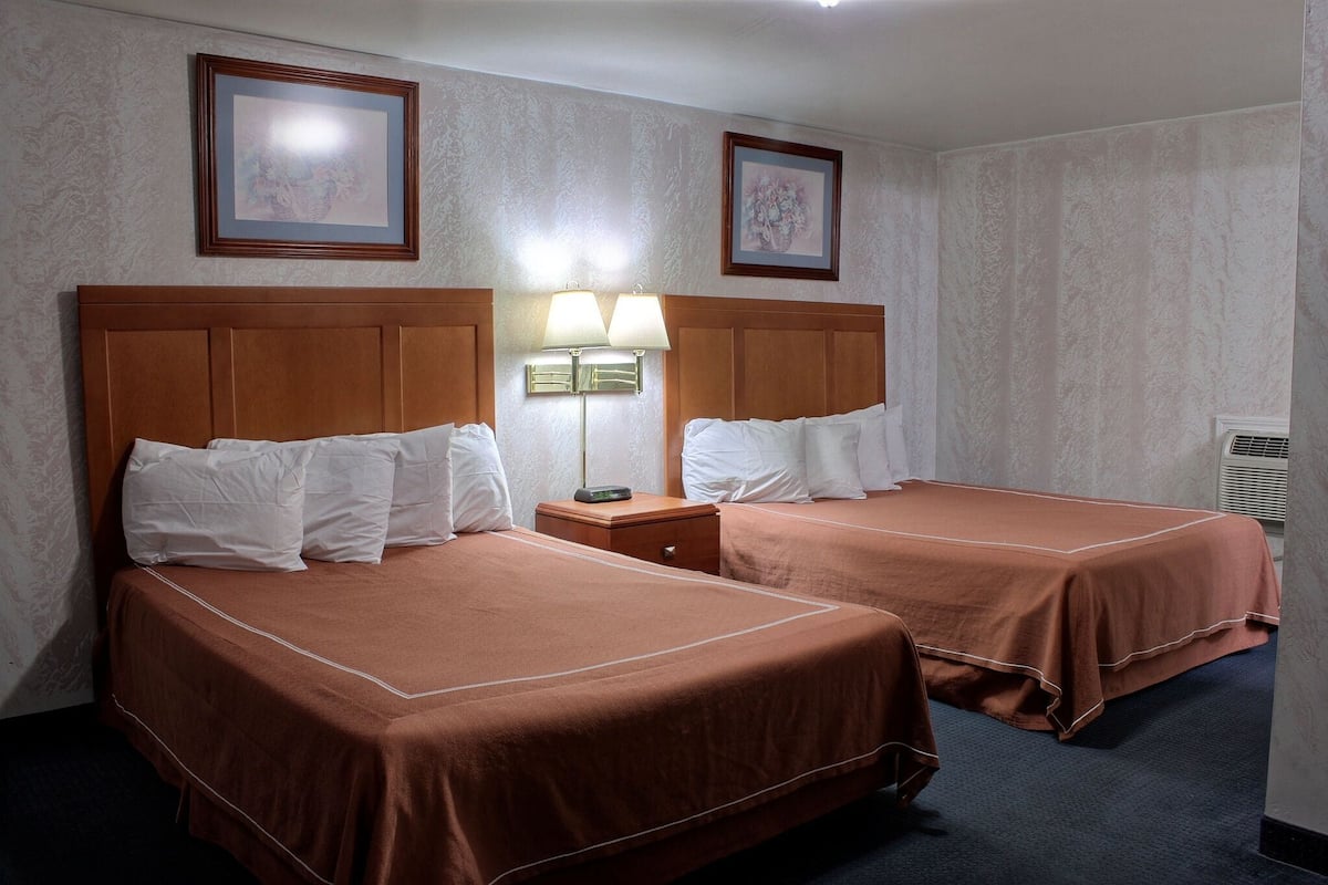 A hotel room with two beds, each with brown bedding and white pillows, a nightstand with a lamp, and two framed pictures on the wall.