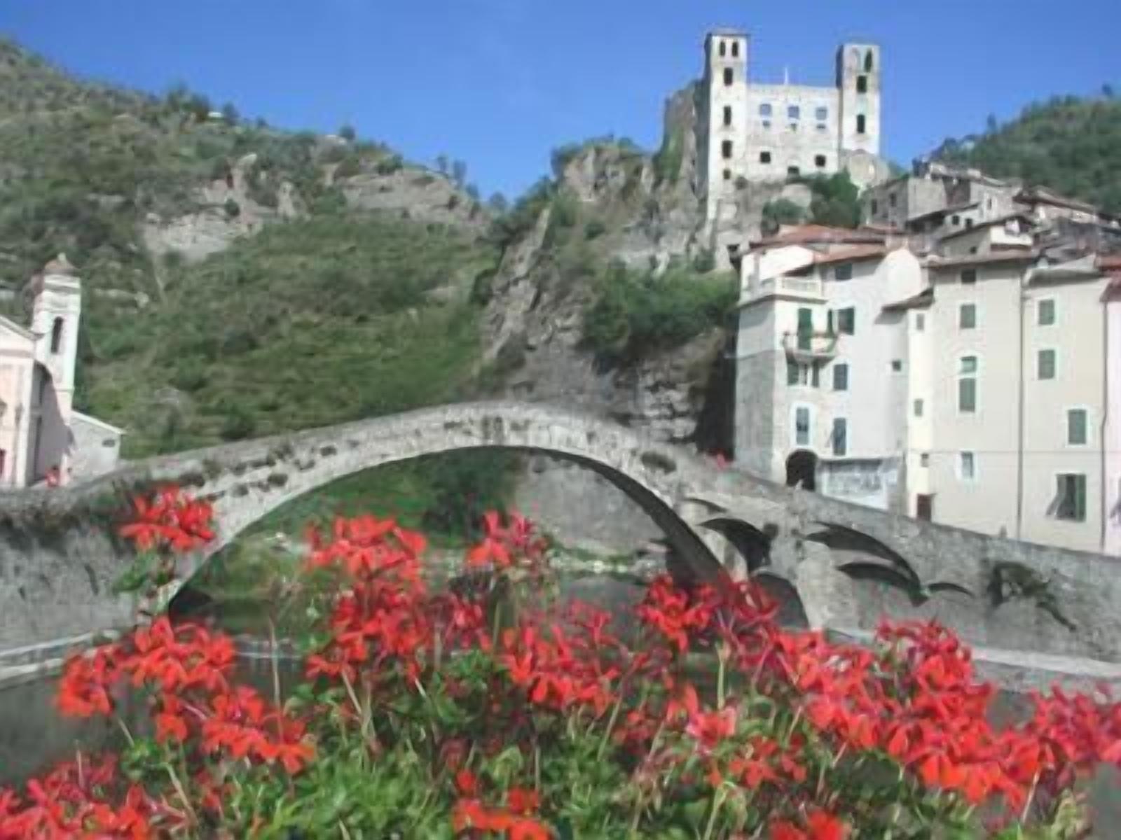 Un pont en pierre doté d’un arc bien défini, entouré de bâtiments et de verdure.
