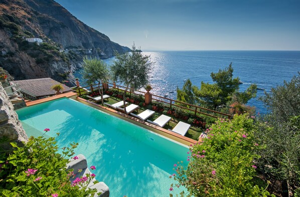 Seasonal outdoor pool, open 9 AM to 6:30 PM, pool umbrellas