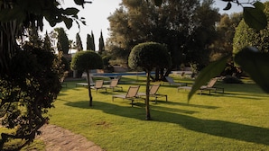 Um jardim bem cuidado com piscina, sebes bem aparadas e várias cadeiras de descanso.