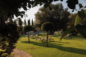 Un jardín bien cuidado con una piscina, setos ordenados y varias sillas de descanso.