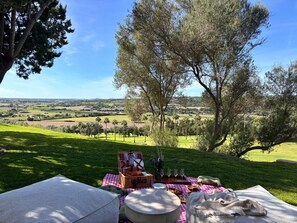 Montaje para picnic al aire libre con una mesa, cesta de picnic y alimentos sobre una colina cubierta de césped, con vistas a un valle.